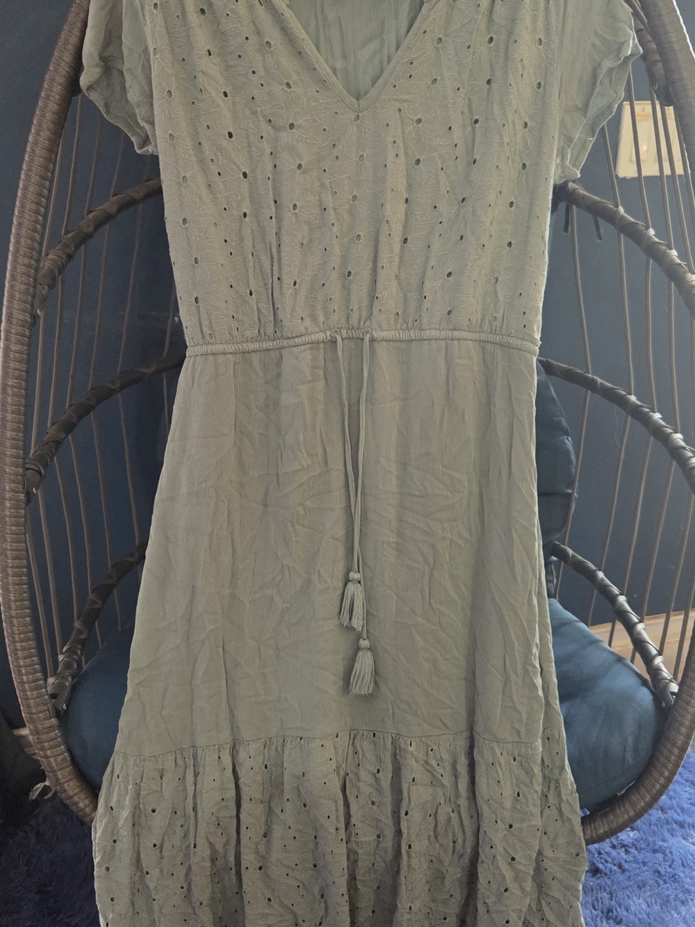 Sonoma Sage Eyelet Midi Dress with Tassel Waist